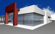 3D render of modern businesc center, isolated over blue sky