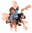 Joyful young friends with hands raised - success