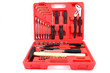 Tool kit of various metal tools in the red box
