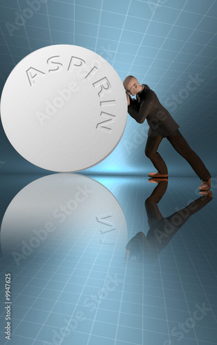 Illustration: Man leans on giant aspirin Man leans on giant aspirin