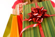 Gift box and shopping bag.Bow in focus