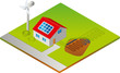 Haus mit Erdwärme, Solarzelle und Windturbine schematisch