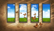 Grungy dark room with windows and butterflies and blue sky