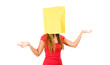 Woman with shopping bag over head.
