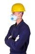 young worker with protecnion clothes background