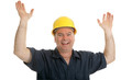 Construction worker throwing up his hands in joy.  Isolated