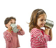 boy and girl talking on a tin phone isolated on white