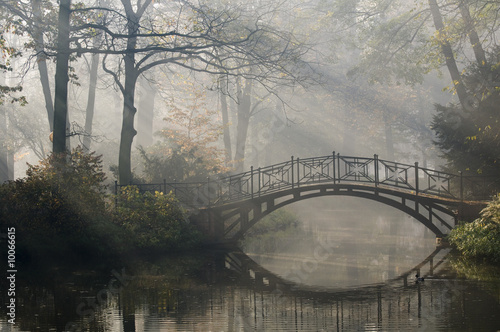 Fototapeta Old bridge in misty autumn park