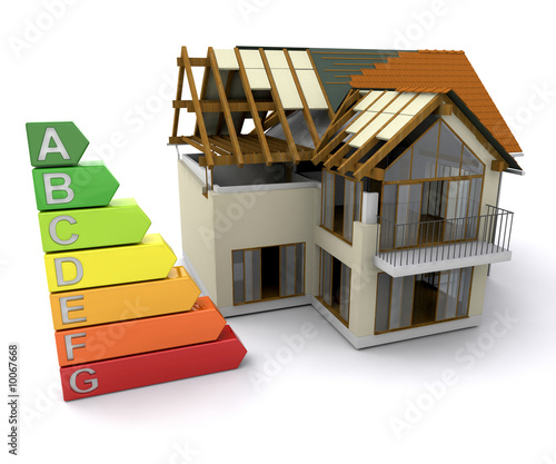 Illustration: House under construction with energy ratings House under construction with energy ratings