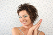 playful girl on the white blue tile background