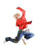Studio isolated. Woman in red is jumping up and cry