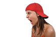 A young woman screaming on an isolated white background.