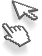 Pixel arrow hand 3D cursors point on shadows