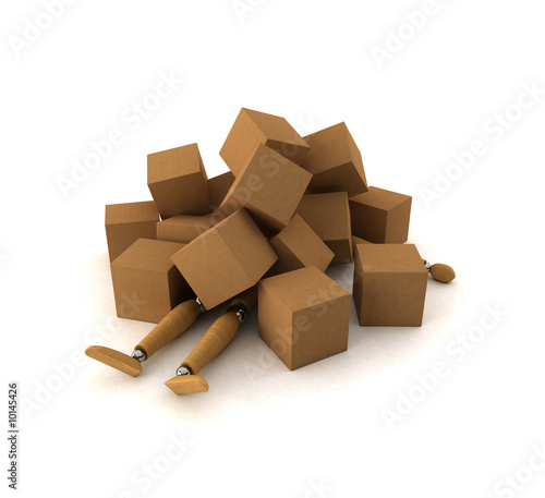 Illustration: Wooden mannequin covered with cardboard boxes Wooden mannequin covered with cardboard boxes