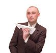 businessman with paper plane. Isolated on white