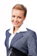 Smiling bussinesswoman holding the black briefcase.