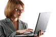 The young girl holds the laptop.