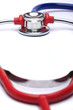 red and blue stethoscopes isolated in white background