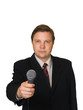 Journalist with microphone isolated on white background