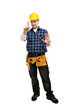 Construction worker in yellow hardhat at a stop pose