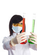 Woman with chemical tubes in the laboratory on white