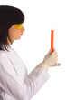 Woman with chemical tubes in the laboratory on white