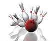 3D render of a bowling strike with shadows and reflection.