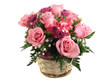 Arrangement of pink roses in a basket and isolated on white Arrangement of pink roses in a basket and isolated on white