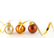Three christmas balls with gold ribbon on the white background