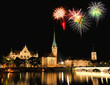 The Zurich City Skyline at night with firework illustration
