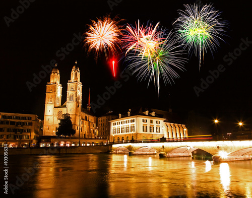 Photo: The Zurich City Skyline at night with firework illustration The Zurich City Skyline at night with firework illustration