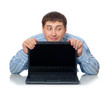 artful man behind the laptop, isolated on white