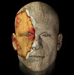 Broken and weathered statue head illustration.