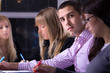 group of young people on meating , selective focus