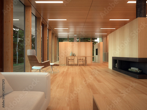 Illustration: Modern dining corner in a wood-panelled home Modern dining corner in a wood-panelled home