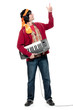 Young man holding musical keyboard, pointing up