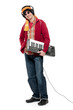 Casual young man holding an electronic musical keyboard