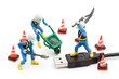 computer repair concept - usb cable repaired by workers isolated computer repair concept - usb cable repaired by workers isolated
