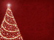 A Christmas tree illustration on a textured red background.