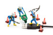computer repair concept - usb cable repaired by workers isolated computer repair concept - usb cable repaired by workers isolated