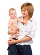 Baby and mother smiling. Isolated over white background.