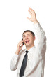 happy businessman calling by phone and rising up his hand