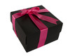 Black box with purple ribbon on white