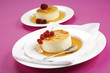 Crème caramel with red currents, close-up