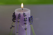 Burning lavender candle with flowers, close-up