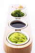 Sushi ingredients: soy sauce, ginger and wasabi