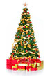 Photographie : Christmas Tree and decorations. Over white background.