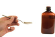 Measured spoon of cough medicine, isolated against white