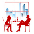 Silhouette of a couple in the cafe. Vector illustration..