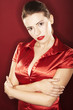 On red background girl with red lipstick - sexy portrait